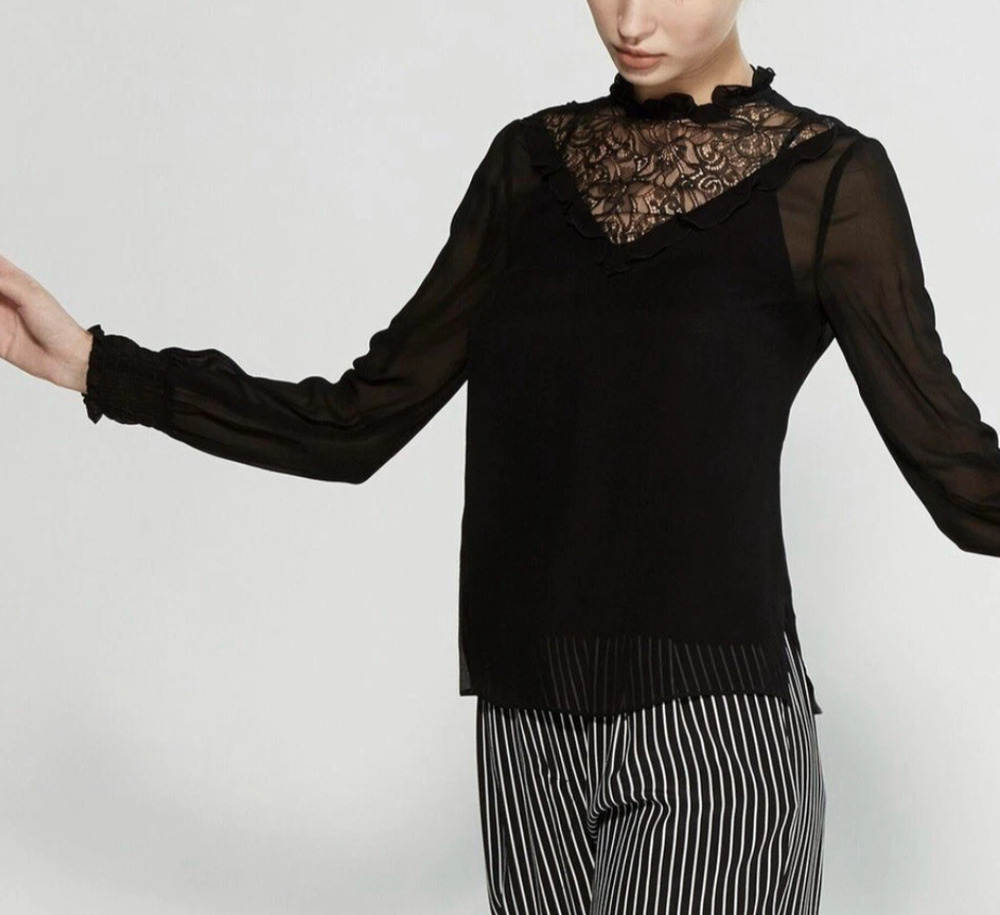 Derek Lam sheer black high neck long sleeve ruffled lace blouse Sz 10 Whimsigoth